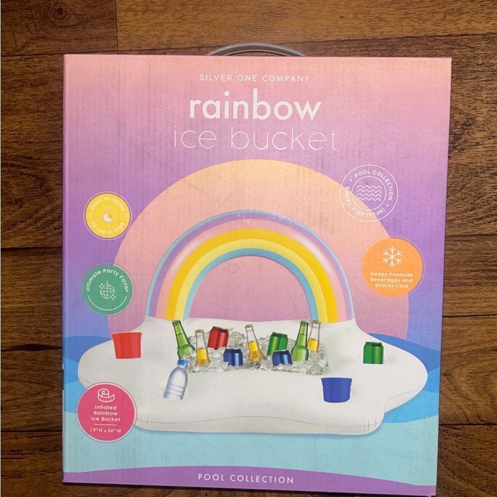 Inflatable Rainbow Ice Bucket New With 4 Drink Holder 19”H ~Pool Collection ~New